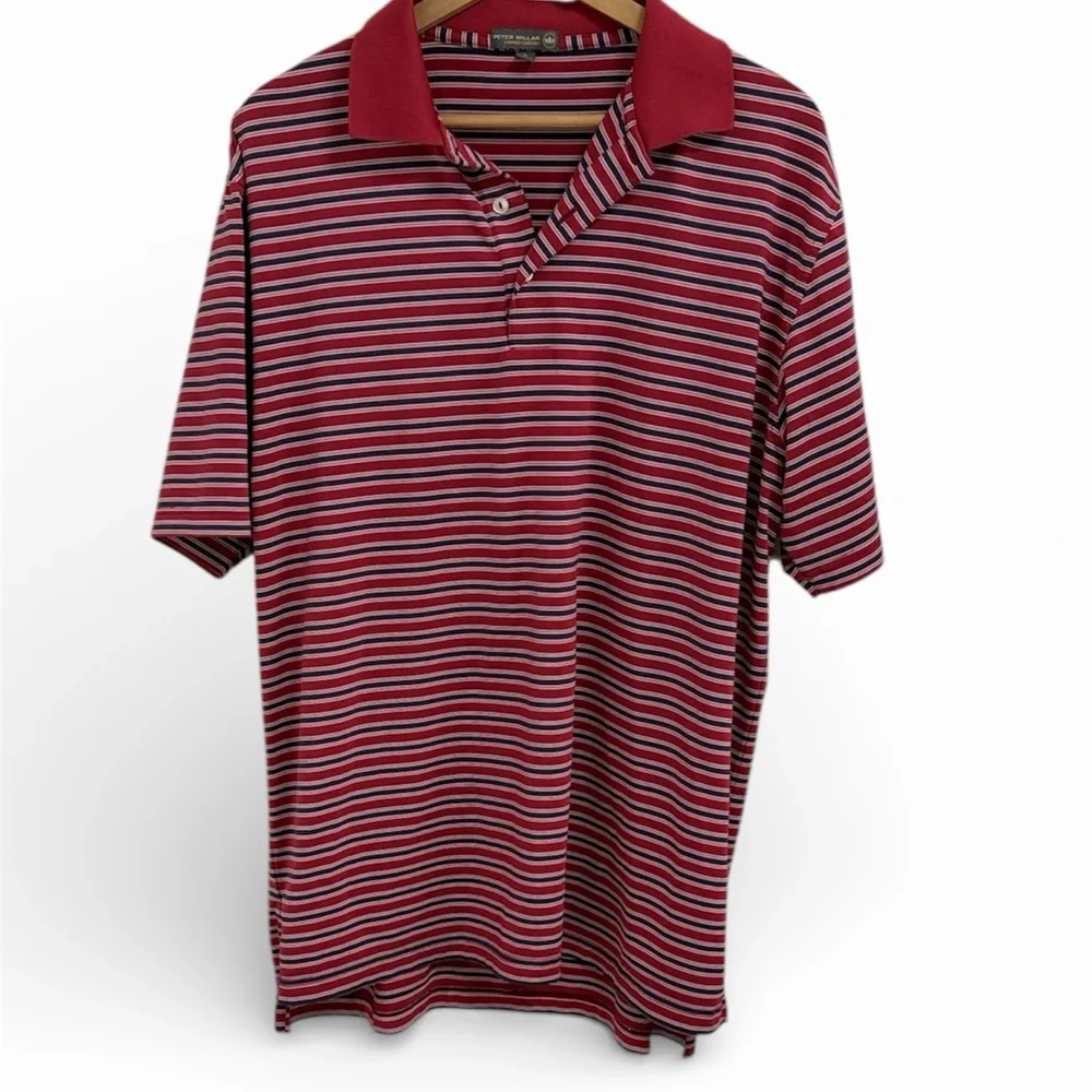 Peter Millar Summer Comfort Red Navy Striped Men's Polo Shirt - Picture 1 of 4